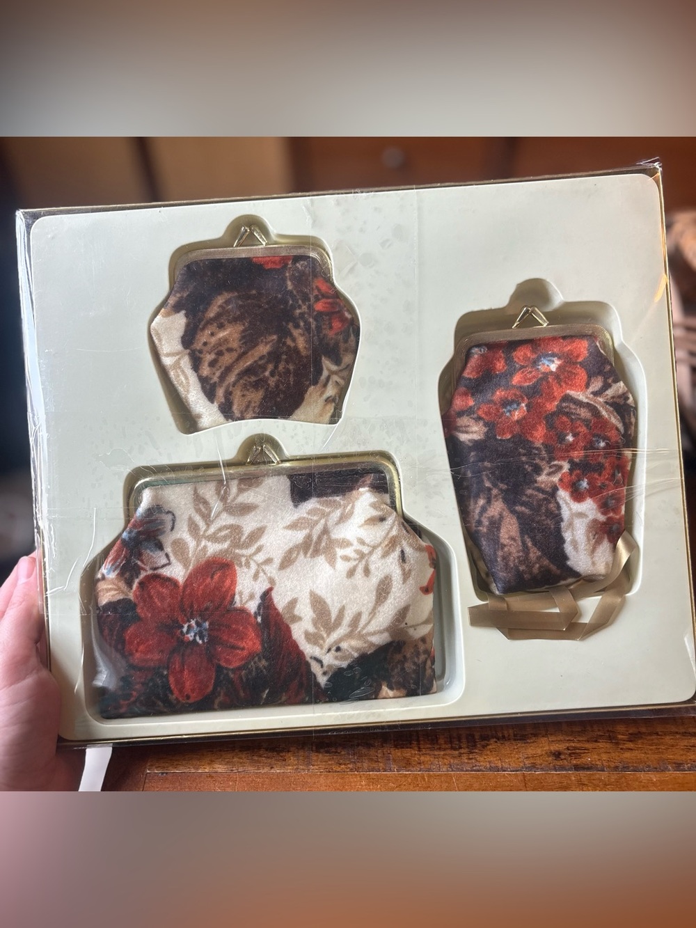 1970s Vintage Floral Print Coin Purse and Mini Bag Set - Red Brown Floral